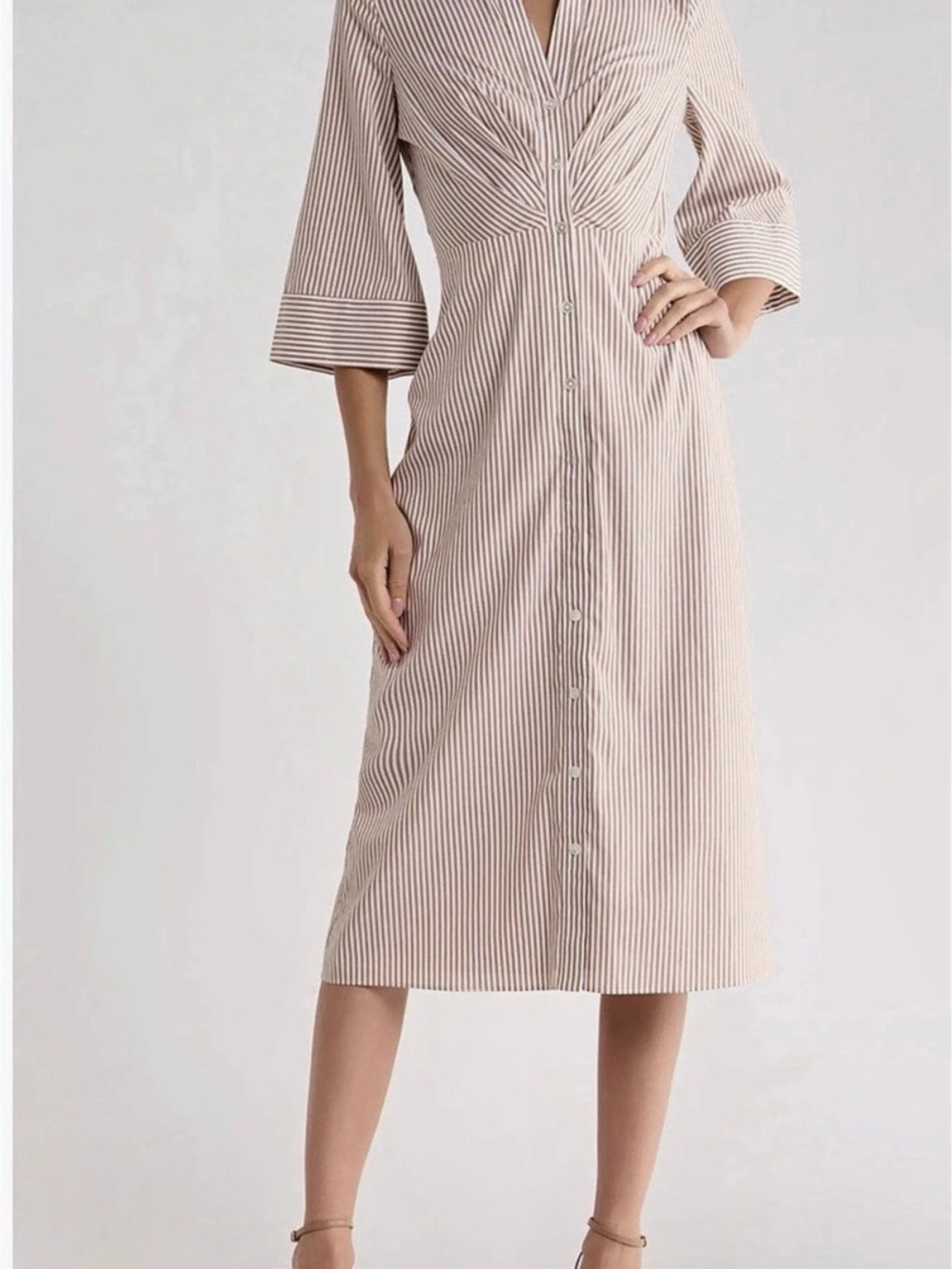 Veronica Beard Hayden Twist Front Cotton Midi Dress Stripe Acorn & White, Size 6